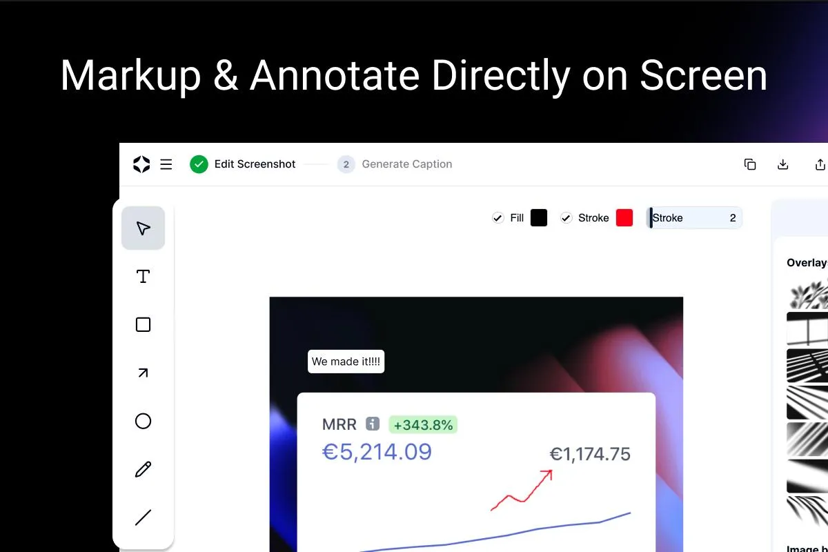 LumaStack feature showing the headline "Markup & Annotate Directly on Screen," displaying the editing toolbar with options for arrows, text, and shapes being used to highlight a revenue chart.
