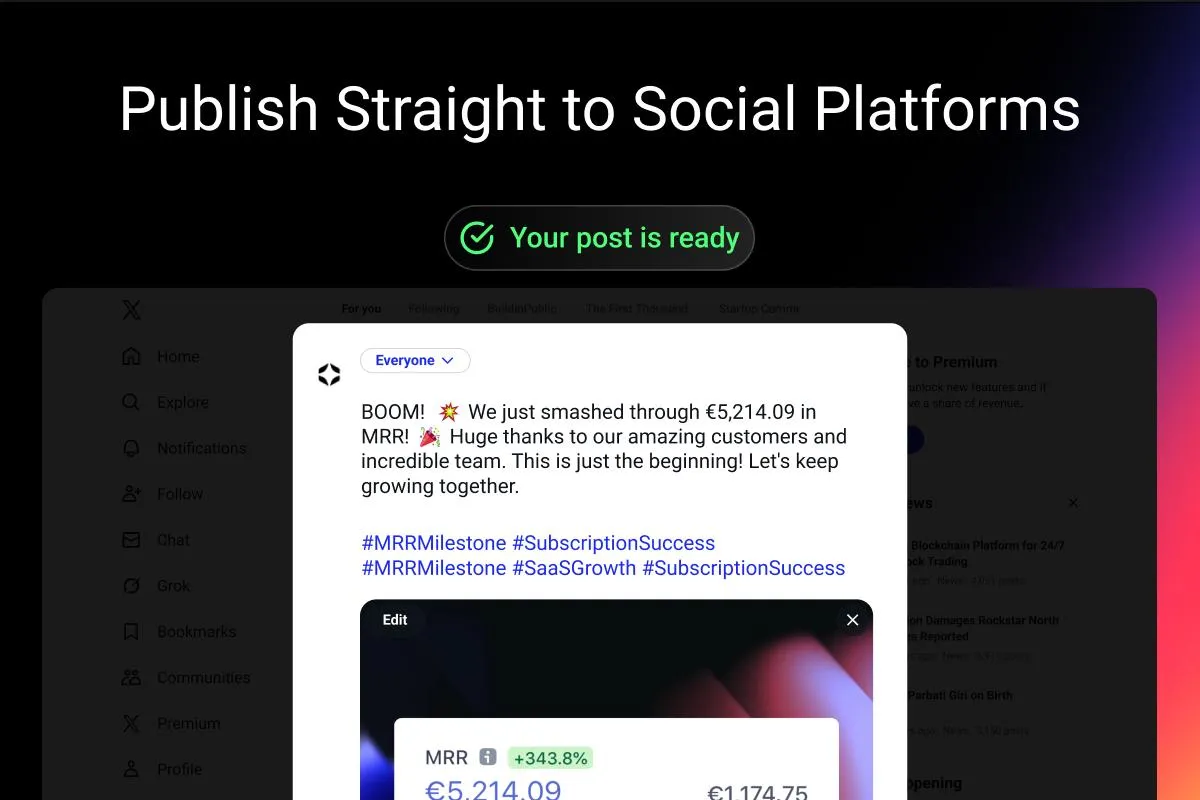 LumaStack feature displaying "Publish Straight to Social Platforms," showing a "Your post is ready" confirmation screen with a preview of the final post and hashtags for X/Twitter.