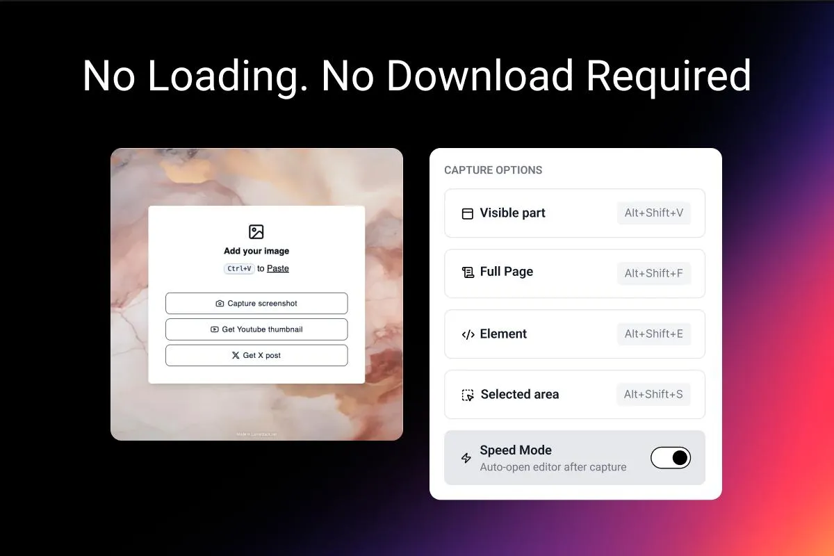 LumaStack feature showing the headline "No Loading. No Download Required" above the browser-based capture interface with options for Visible part, Full Page, and Selected area.