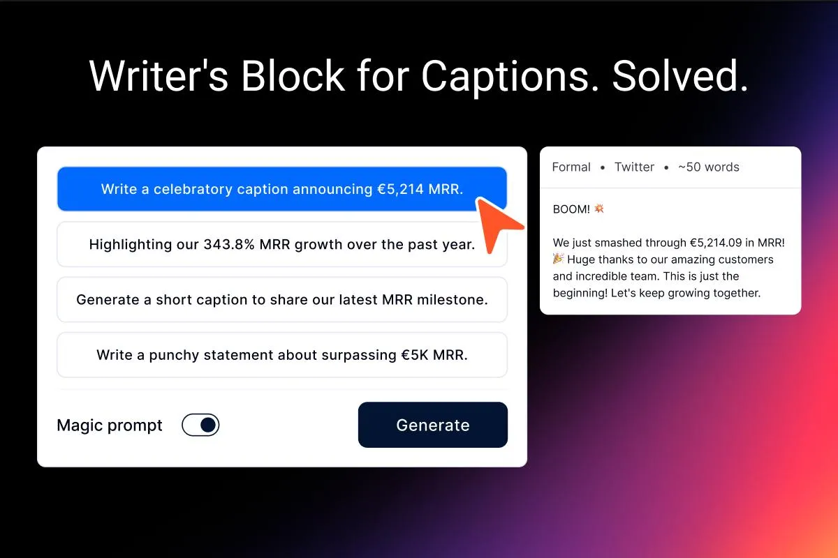 LumaStack feature with the headline "Writer's Block for Captions. Solved," displaying the AI interface generating a celebratory launch post based on image context.