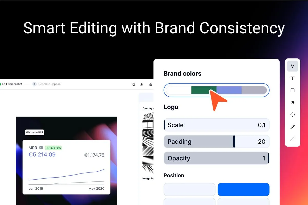 LumaStack feature showing the headline "Smart Editing with Brand Consistency" above the editor panel with options for selecting brand colors, uploading a logo, and adjusting padding.