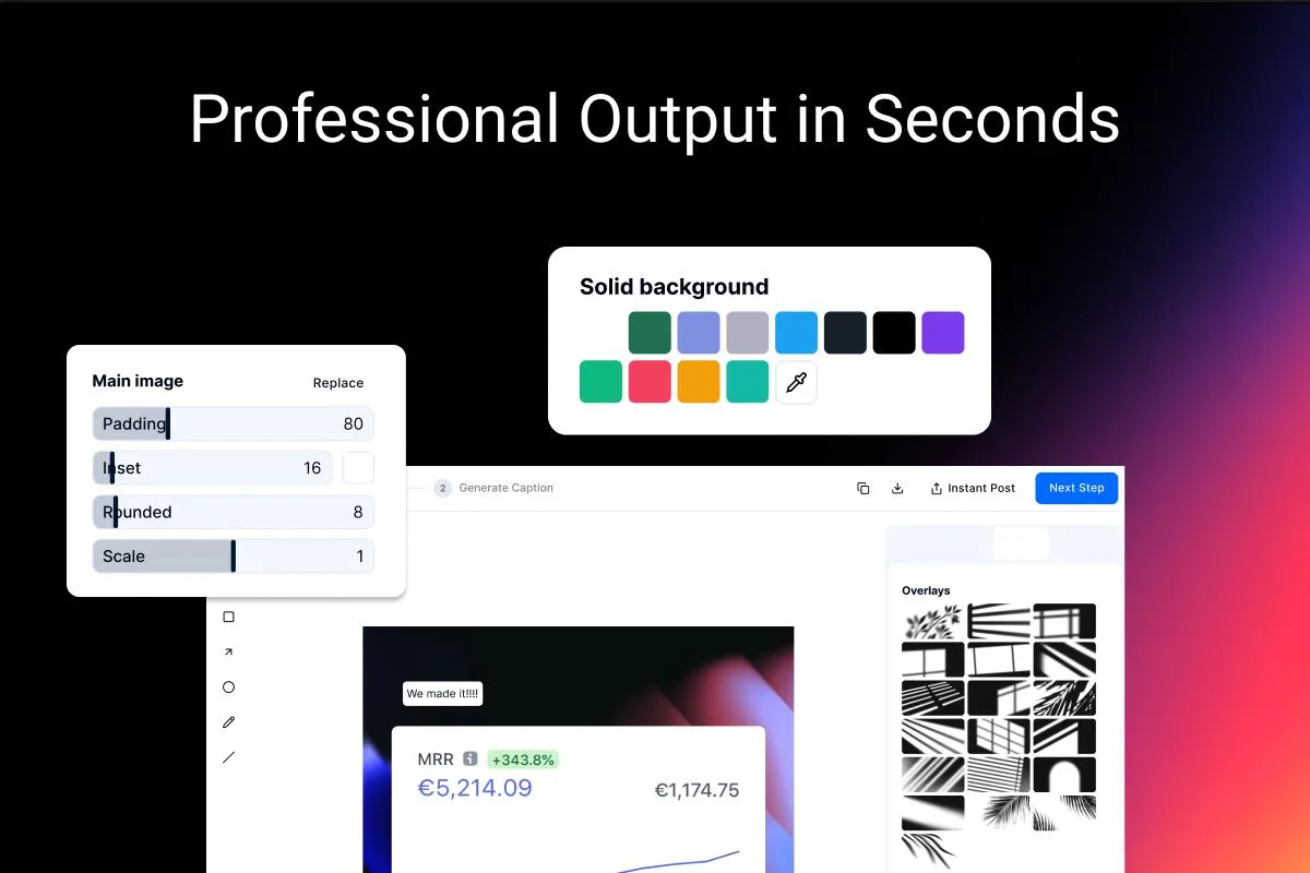 LumaStack feature with the headline "Professional Output in Seconds," displaying the editor interface with a solid background color picker and a preview of an edited screenshot.